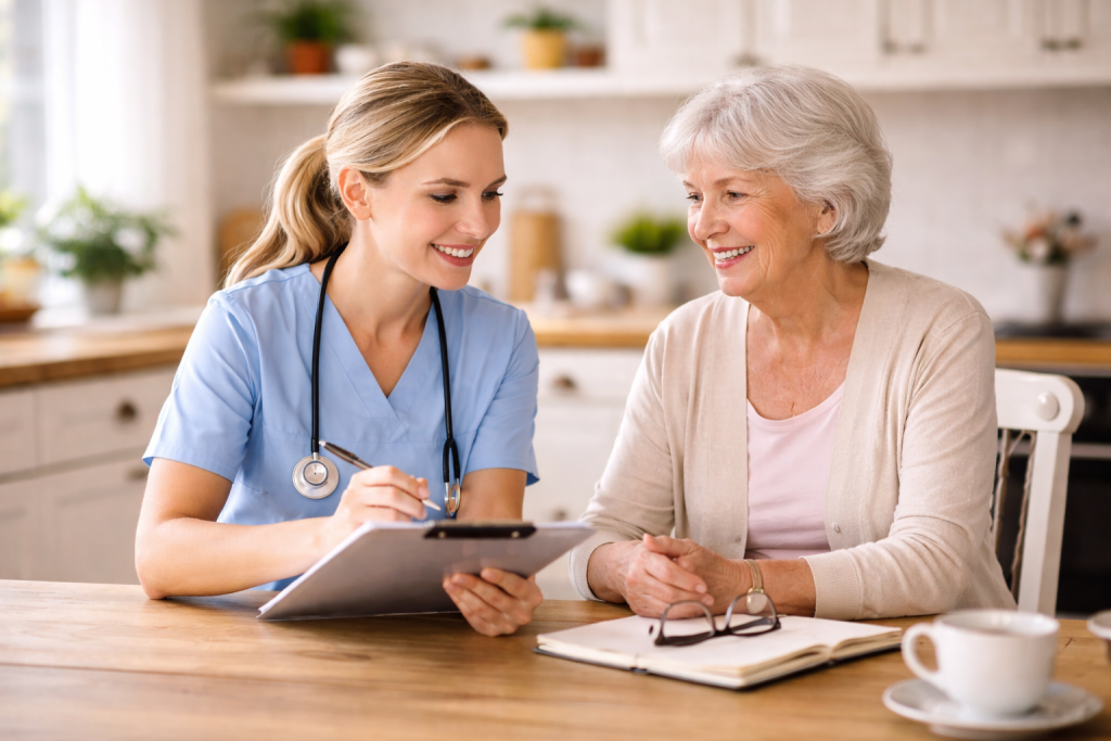 Caregiver reviewing personalized home care plan with senior in Durham Region.