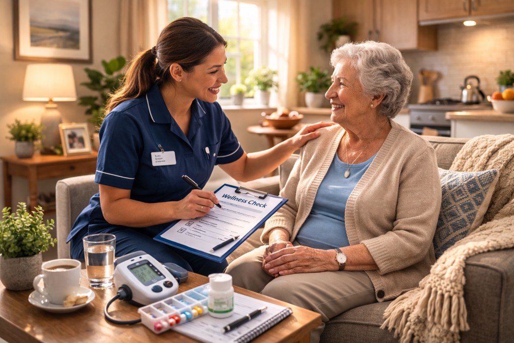 Caregiver performing a senior wellness check during an in-home visit in Oshawa.