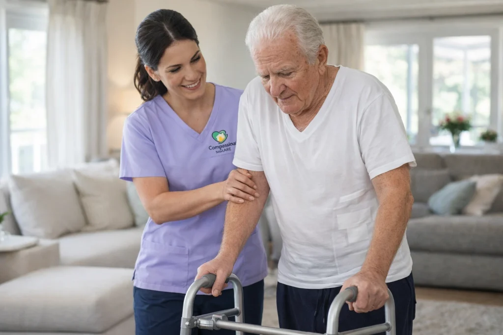post hospital home care Durham caregiver assisting senior after surgery.