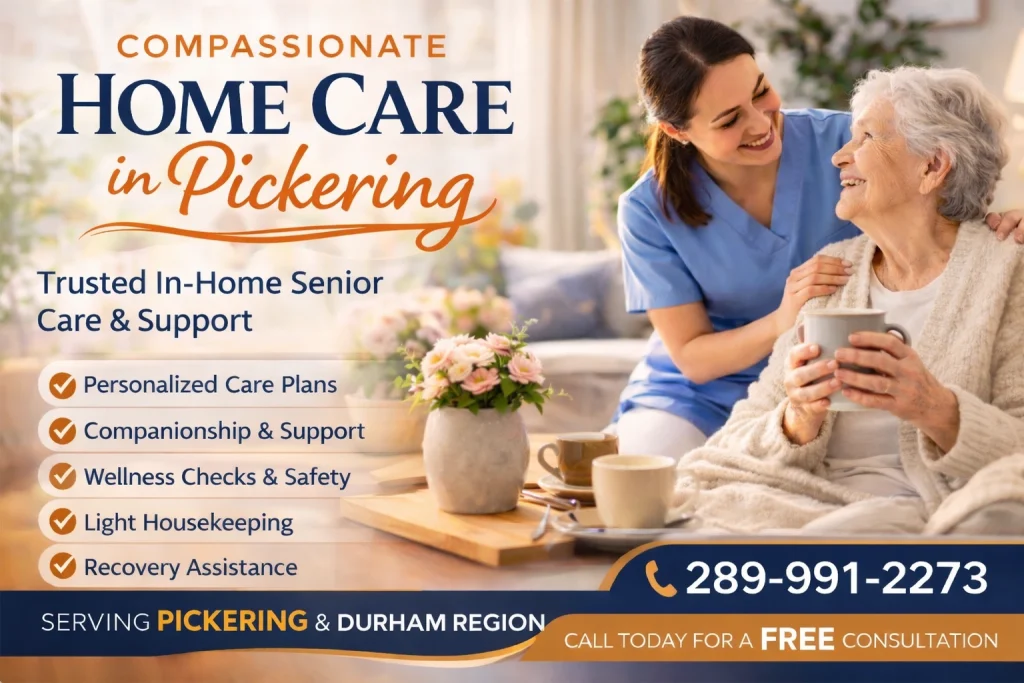 Compassionate home care in Pickering caregiver assisting senior at home.