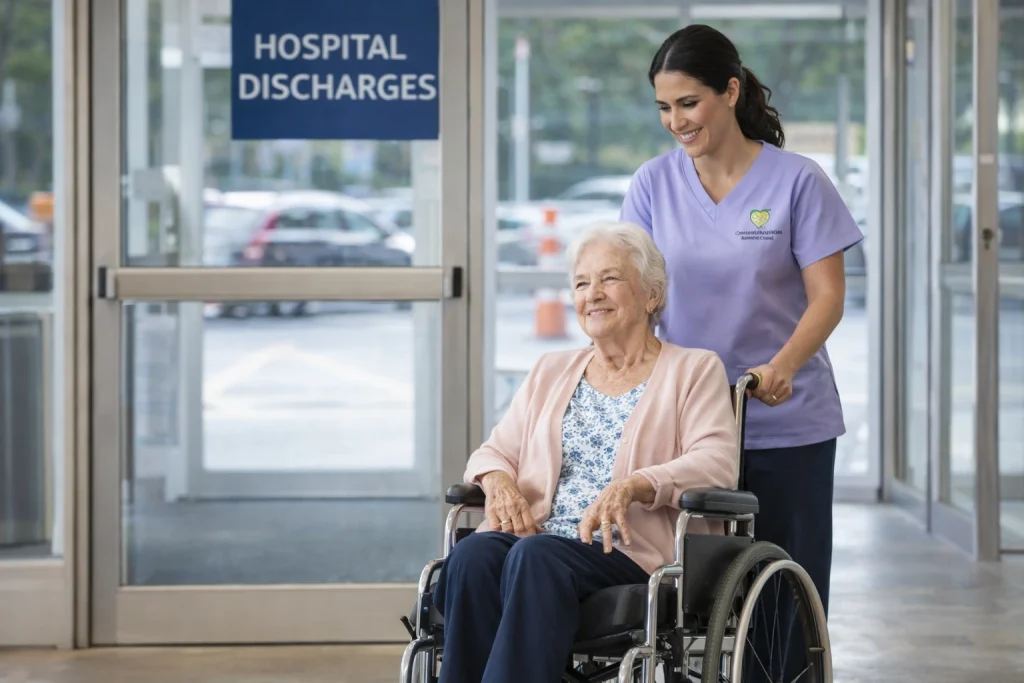 post hospital home care Durham caregiver assisting senior after surgery.