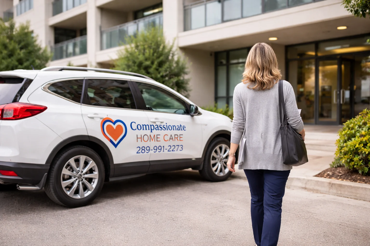 CCHC caregiver arriving at condominium for wellness check in Durham Region