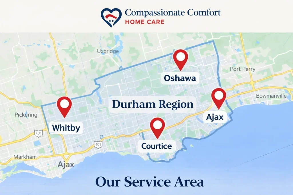 Service area map showing Compassionate Comfort Home Care coverage in Oshawa, Whitby, Ajax, and Courtice across Durham Region, Ontario.