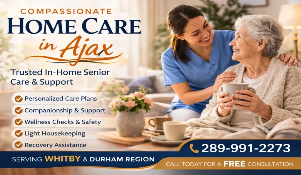 Compassionate home care in Ajax caregiver assisting senior at home.