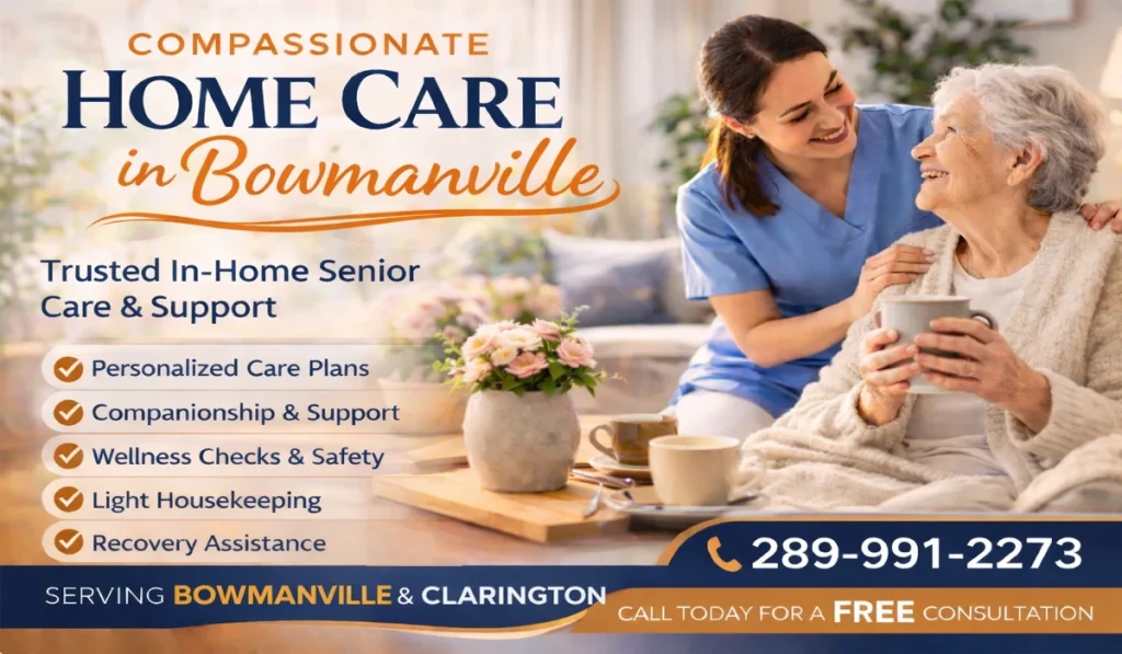 Compassionate home care in Bowmanville caregiver assisting senior at home.