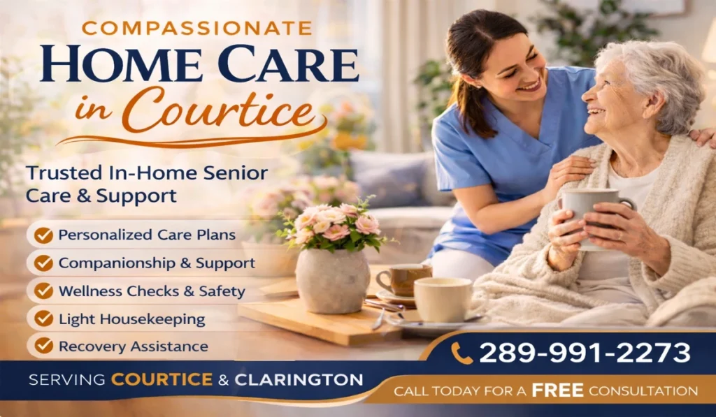 Compassionate home care in Courtice caregiver assisting senior at home.
