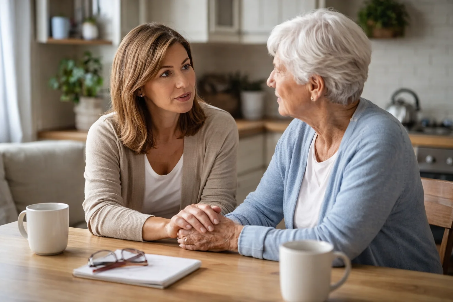 Concerned adult daughter speaking with elderly mother at kitchen table about home care in Durham Region
