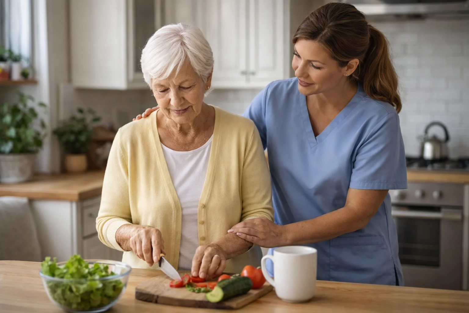 Caregiver assisting senior with meal preparation at home in Durham Region