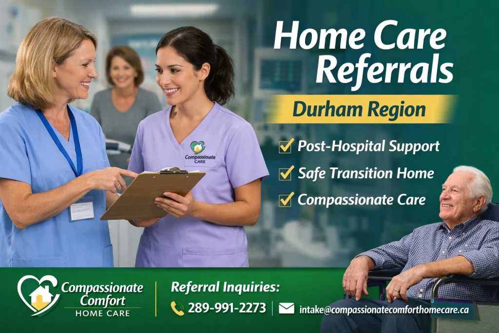 home care referrals Durham caregiver assisting senior after hospital discharge.