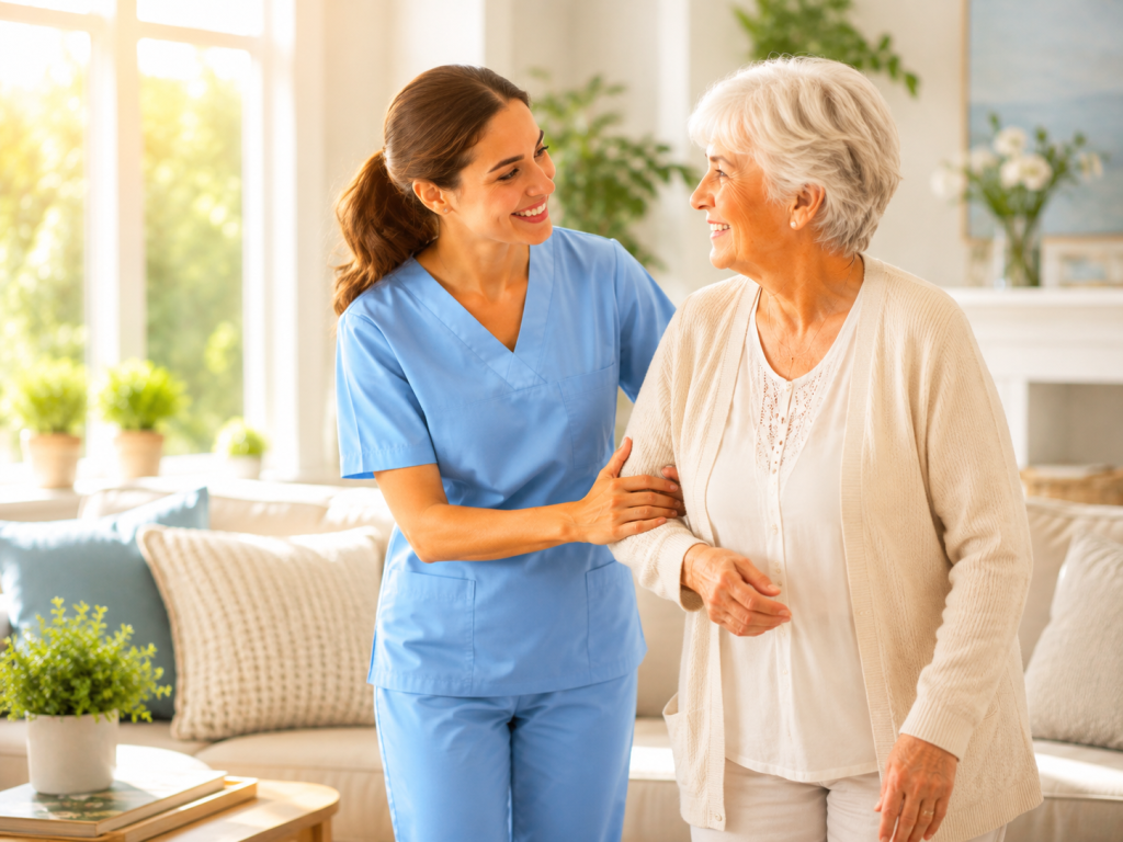 Caregiver in blue scrubs warmly assisting a smiling senior woman at home.