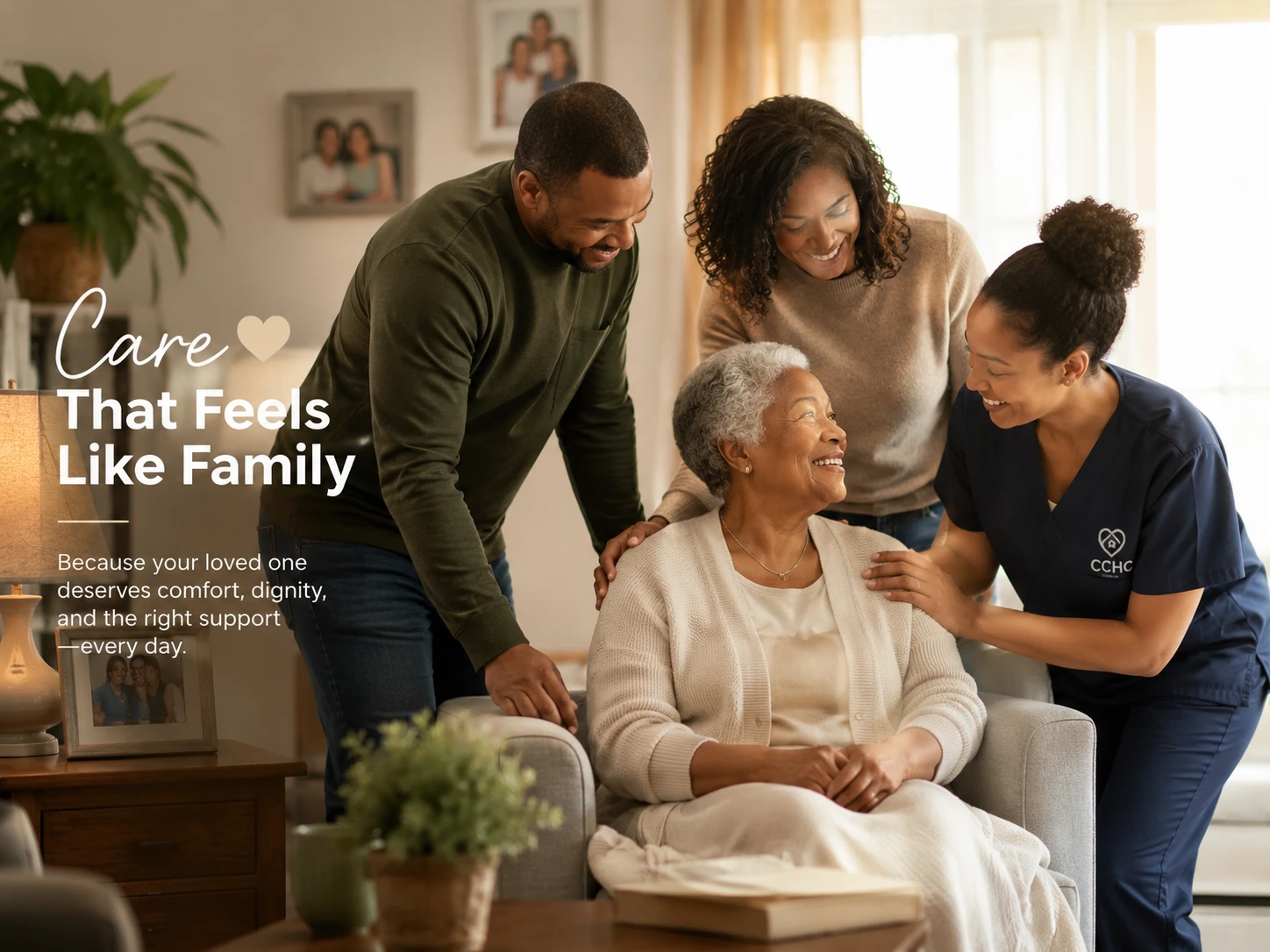 Family supporting an aging parent at home with help from a compassionate home care caregiver